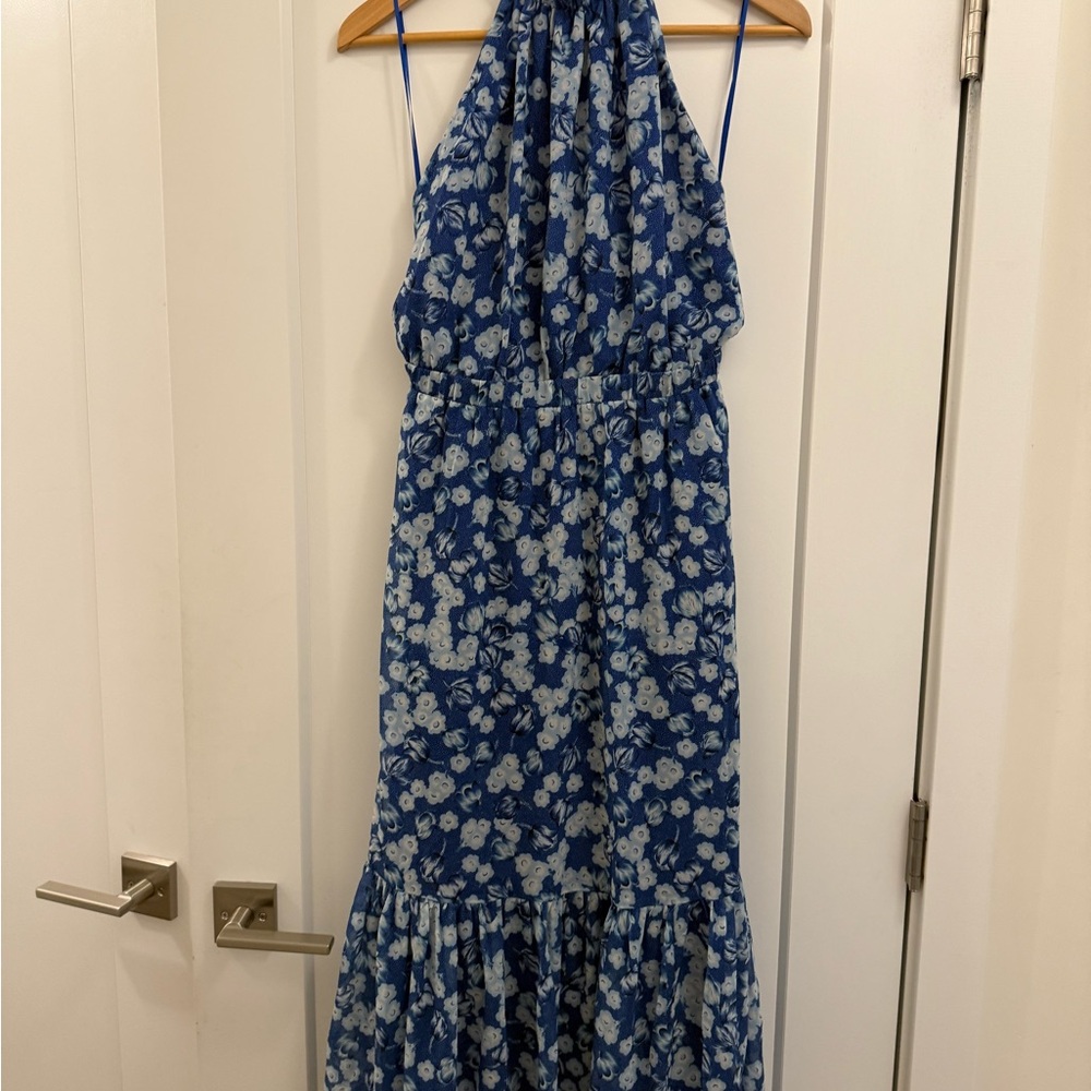 Sold! Chelsea Blue Surf Aster Floral Print Tiered Halter Neck Midi dress - Picture 3 of 8